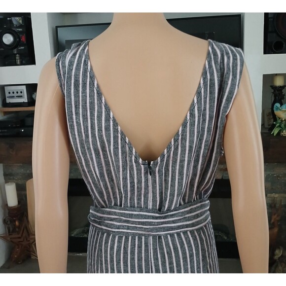 Wide Leg Linen Blend Jumpsuit Romper Sleeveless Pinstriped Pockets Wrap Belt XL - Picture 13 of 16